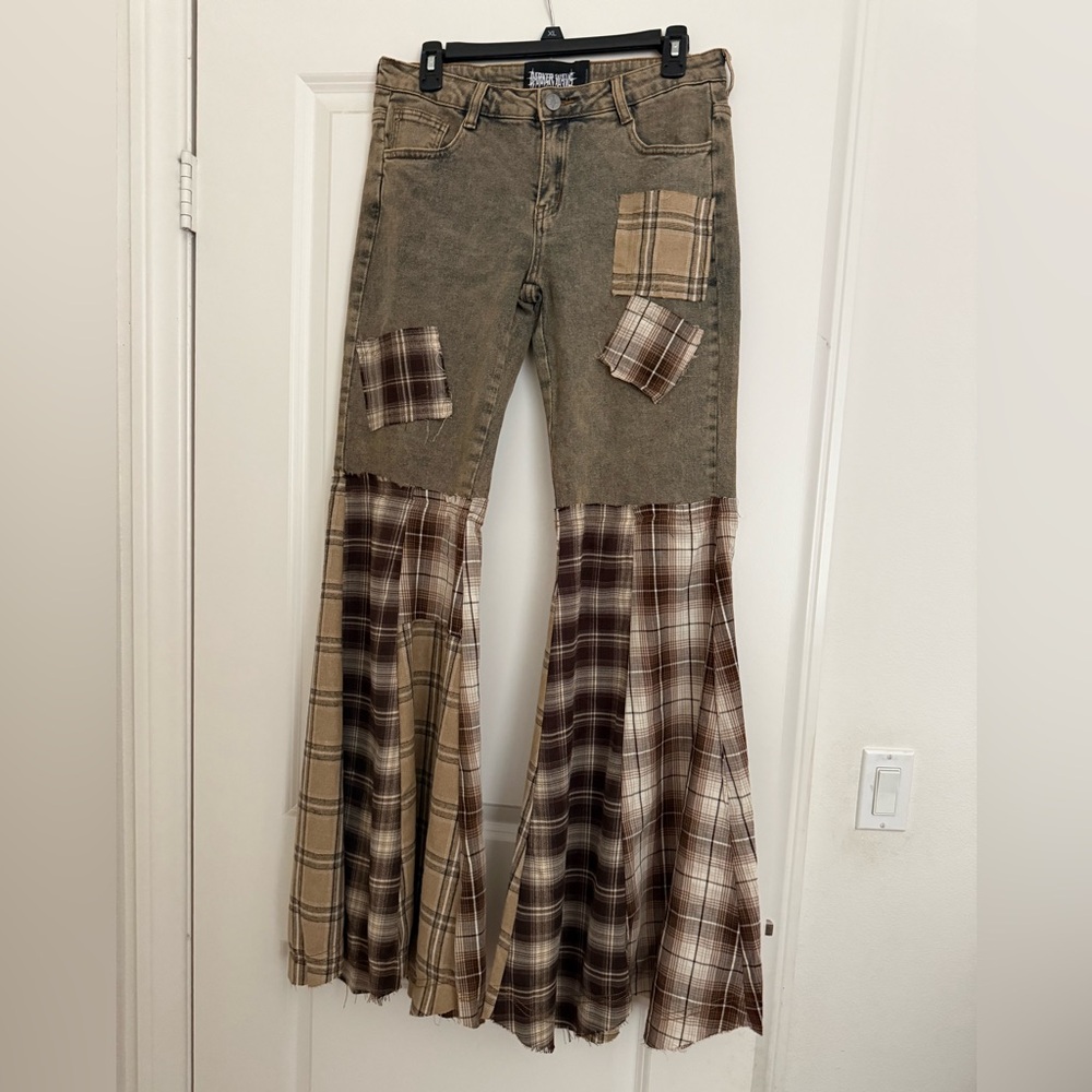 Darker Wavs Washed Denim Patchwork Flare Pants